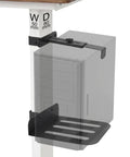 Detailed view of Slick Under Desk PC Mount Clamp On Computer Tower Stand supporting a tower, showcasing installation mechanism.