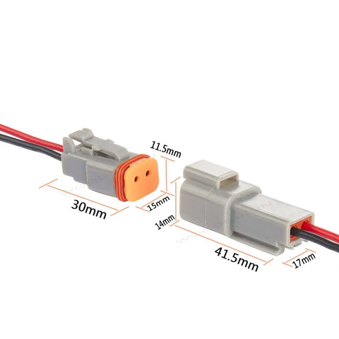 Deutsch DT 2 Pin Connector 2 Way Waterproof Automotive Electrical Plug Male Female Wiring Harness With 16 AWG Wire For Car Truck Boat LED Work Light 5 Pairs Gray close-up showing dimensions.
