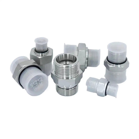 Workhorse Imperial To Metric Hydraulic Transition Fitting, Male Thread Adapter From One Eighth To One Inch, Cone Style BSP To Metric M26x1.5, Carbon Steel, Silver Finish, Three Quarter Inch Port, shown with caps