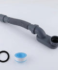 SILENRADAWN Flexible Bathtub Drain Pipe 1 Piece Black Freestanding Tub Kit showing grey flexible drain pipe and plumbing tape.
