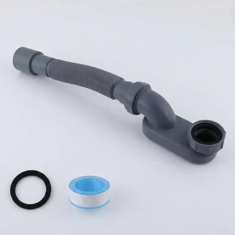 SILENRADAWN Flexible Bathtub Drain Pipe 1 Piece Black Freestanding Tub Kit showing grey flexible drain pipe and plumbing tape.