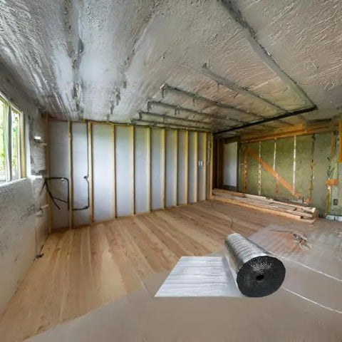Top Shelf Reflective Insulation Bubble Wrap Roll Thermal Barrier Foil For Home Improvement Temperature Control Energy Savings Heat Shield 48 By 125 Feet Made In Usa Solid Packaging Supply No Sweat Diy Heat Hack in construction setting with wooden floor.