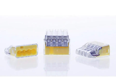 Push-In Wire Connectors Assorted Pack 2-Port 3-Port 4-Port 75 Pieces No-Twist Design with clear shells, front and side views