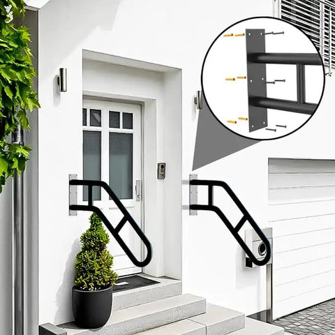 Rock Solid Black Handrails For Outdoor Steps 21 Inch stair railing with welded base plate mounted on entrance steps.