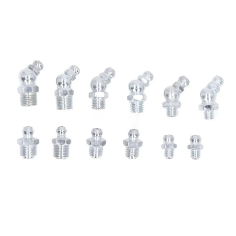 130 Piece Hydraulic Grease Fitting Kit With 12 SAE Zerk Nipples Galvanized Brass Labeled Storage Case Heavy Duty Industrial Maintenance Set For Machinery And Equipment showing various types of galvanized brass fittings