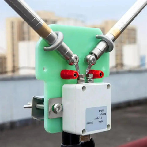 Close-up of 7-54MHz 200W Portable Dipole Antenna with stainless steel telescopic design for UV band setup.