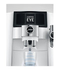 Top Shelf Automatic Espresso Coffee Maker With Dual Bean Hopper And Sweet Foam Milk Frother One Touch Brew White close-up of brewing unit with display.