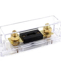 Premium Quality Heavy Duty 200 Amp ANL Fuse Gold Plated 32 Volt Circuit Protection For Car Audio Radio Stereo System Top Shelf 4 Pack close-up of clear fuse holder with gold terminals