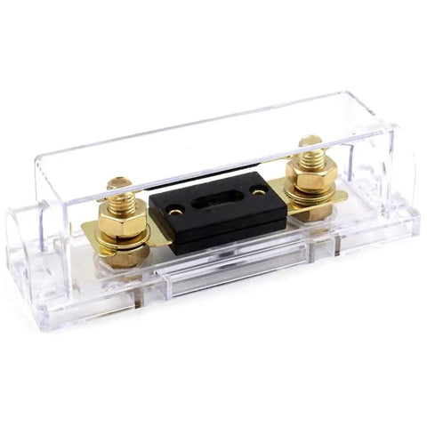 Premium Quality Heavy Duty 200 Amp ANL Fuse Gold Plated 32 Volt Circuit Protection For Car Audio Radio Stereo System Top Shelf 4 Pack close-up of clear fuse holder with gold terminals