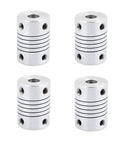 4 aluminum 5 to 6 mm shaft couplers for stepper motors 25 mm long aluminum alloy joint connectors, front view, coiling clamp set screws