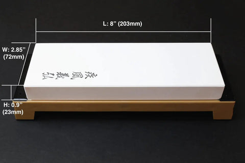 Pro Grade Japanese Whetstone Sharpener 1000 Grit Water Stone for knives, 8x2.85x0.9 inch, white stone on stand with measurements