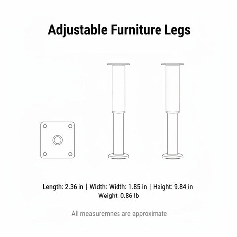 Diagram of adjustable furniture legs, showing dimensions for beef up your sofa cabinets and bed with adjustable furniture legs.