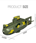 Green mini RC submarine with camouflage pattern, dimensions 15cm x 4.5cm x 6.8cm, for pool and bathtub and aquarium.