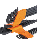 22-Piece Long Ball-End Hex Key Wrench Set With SAE And Metric Sizes From 1/16 Inch To 3/8 Inch And 1.5mm To 10mm displayed in orange holder