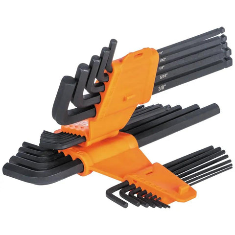 22-Piece Long Ball-End Hex Key Wrench Set With SAE And Metric Sizes From 1/16 Inch To 3/8 Inch And 1.5mm To 10mm displayed in orange holder