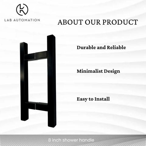 Heavy Duty H Shape Ladder Door Handle For Shower Glass Doors Slick Matte Black Finish Six Inch Stainless Steel Pull With Top Shelf Grip and No Fuss Premium Bathroom Upgrade Decor, 8 inch handle front view.