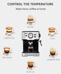Slick Electric Coffee Maker With Auto Milk Frother For Thick Cappuccino And Hot Latte Brews Stainless Steel Core Removable Water Tank Easy Drain Drip Tray showing various coffee types.