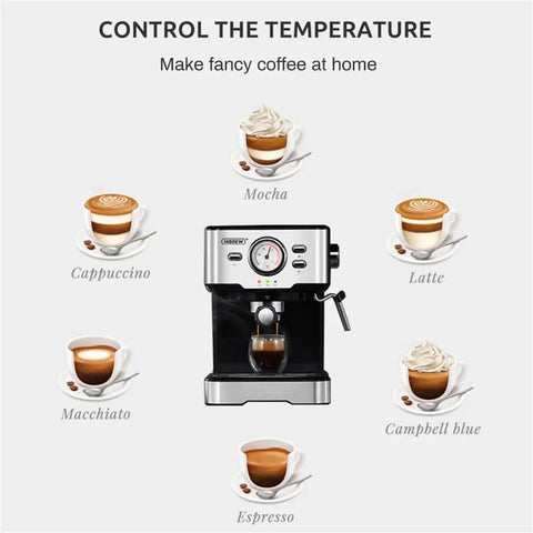 Slick Electric Coffee Maker With Auto Milk Frother For Thick Cappuccino And Hot Latte Brews Stainless Steel Core Removable Water Tank Easy Drain Drip Tray showing various coffee types.