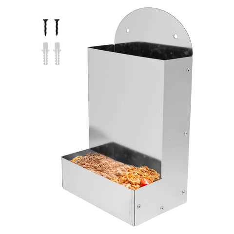 Hella Durable Galvanized Steel Chicken Oyster Shell And Poultry Grit Feeder With Roomy Dual Chamber Auto Fill Dispenser showing the storage chamber with feed.