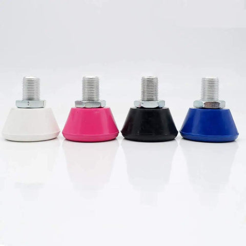 Four roller skate toe stops with 82A PU rubber in white, pink, black, and blue for all surfaces, featuring brake blocks.
