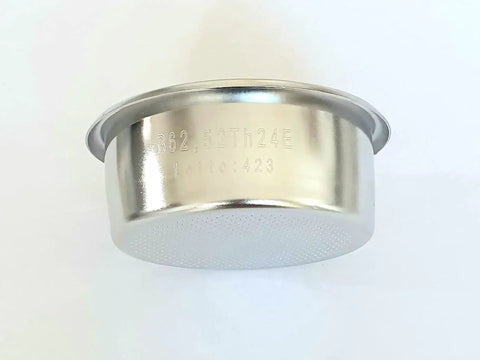 Side view of Competition Series 14-18g 62.5mm Flat Bottom Espresso Filter Basket with 641 Holes, stainless steel for 54mm Breville machines.