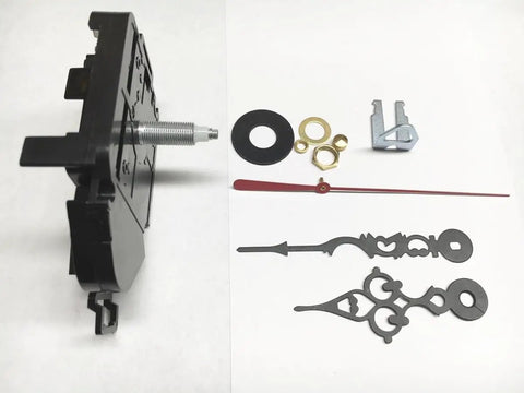 Replacement Battery Clock Pendulum Movement With 1 Inch Shaft Fits Five Eighth Inch Dial DIY Clock Assembly Kit parts displayed