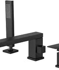 Roman Tub Faucet With 360 Degree Rotated Long Spout Deck Mount Widespread 3 Hole Bath Faucet Set Includes Handheld Shower Tub Filler Rough In Valve Matte Black Honeycomb Water Outlet, showing square handles.