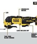 Xtreme 12V Max Brushless Cordless Oscillating Tool with Quick Change Blades and Universal Adapter, side view highlights features