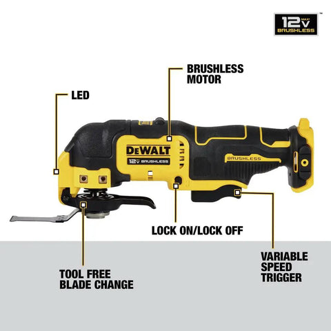 Xtreme 12V Max Brushless Cordless Oscillating Tool with Quick Change Blades and Universal Adapter, side view highlights features