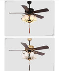 Slick Five Blade Vintage Gold Ceiling Fan With Six Frosted Milk Glass Lights And Rugged Dark Wood Blades For Hella Cozy Farmhouse Vibe Featuring Whisper Quiet Motors And Swanky Lantern Chandelier Setup. View of black and gold fans with glass lamps.