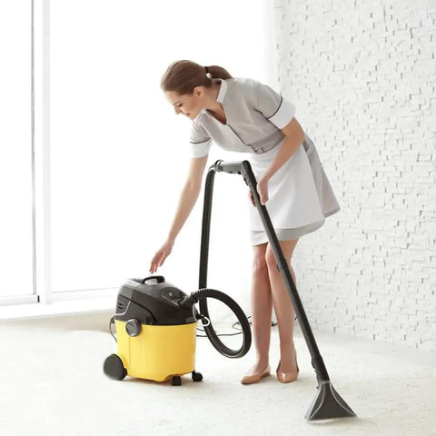 Woman using yellow vacuum with Replacement Vacuum Filter Bags For 10 To 14 Gallon Shop Vacs Type F 90662 9066200 and Type I VF2005