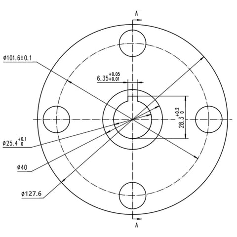 Technical drawing of Go Kart Live Axle Hub 4x4 With One Inch To Three Quarter Inch Step Down One Quarter Inch Keyed Shaft, wheel size specs.