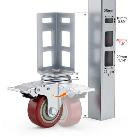 Three Inch Caster Wheels For Boltless Shelving Racks, 500 Lb Load Capacity Per Wheel, Four Pack Garage Storage And Workshop Mobility Accessories, Total Height Eight And Eleven Sixteenths Inches, Wheel Diameter Two And Fifteen Sixteenths Inches, close-up view with dimensions