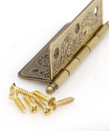 Set Of 4 Embossed Brass Hinges With Floral Pattern For Wooden Chest Trunk Cabinet Cupboard Doors, 2.6 Inch Plate, Rust Resistant