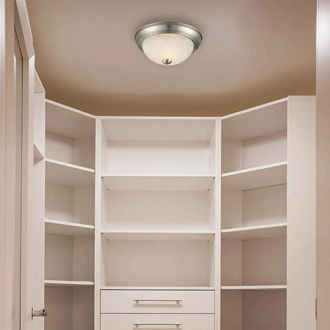 Two Pack Flush Mount Ceiling Lights Satin Nickel With Alabaster Glass Dimmable Two Light Traditional Fixture installed in hallway