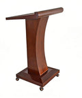 Killer Slick Wooden Curved Podium Stand With Adjustable Height And No Fuss Rolling Base, wooden lectern with sloped surface and wheels.