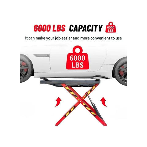 Professional Grade Portable 6000 Pound Hydraulic Scissor Lift With Quick 48 Inch Rise For Smooth Vehicle Hoist and Zero Sweat Under Car Service On Trucks Pickups And Daily Rides showing car lifted with 6000 lbs capacity.