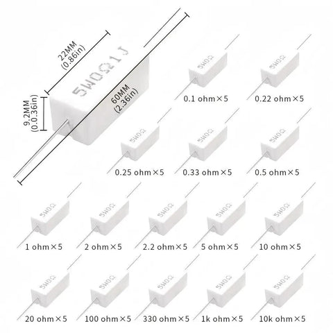75 Piece 5W Ceramic Cement Resistor Kit With Axial Leads White Wirewound Power Resistors Covering 0.1R Through 10K Ohm diagram