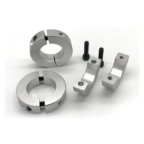 Thinking Process: aluminum split shaft collar set with bolts, shown in two sizes for securing drive shafts