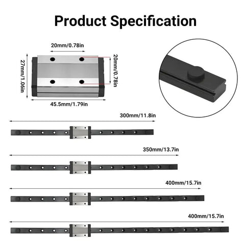 MGN12 400mm Linear Rail Guide With MGN12H Black Stainless Steel Carriage Block specifications and size chart for 3D printers