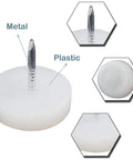 Heavy Duty White Nylon Furniture Sliders Nail On Chair Leg Protectors Floor Glide Pads With Bulletproof Grip Silky Smooth Glide Scratch Shield Table Guards 30 Pack close-up of nylon pad with metal spike.