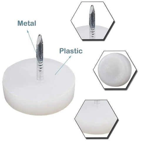 Heavy Duty White Nylon Furniture Sliders Nail On Chair Leg Protectors Floor Glide Pads With Bulletproof Grip Silky Smooth Glide Scratch Shield Table Guards 30 Pack close-up of nylon pad with metal spike.