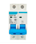 Heavy Duty DZ47-63 Mini Circuit Breaker MCB with blue toggle switch, rated 63 Amp, designed for DIN rail mount, overcurrent protection.