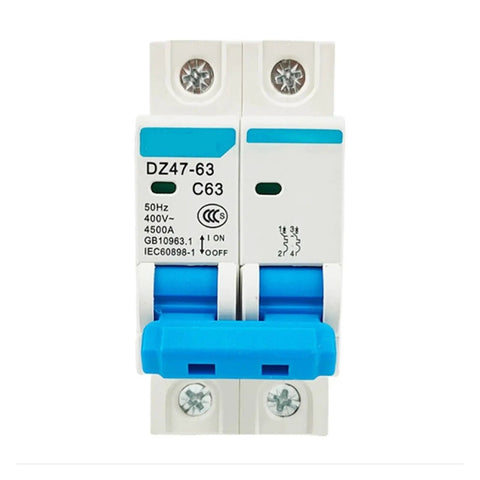 Heavy Duty DZ47-63 Mini Circuit Breaker MCB with blue toggle switch, rated 63 Amp, designed for DIN rail mount, overcurrent protection.