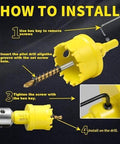Front view of DWIKE 24Pcs Carbide Hole Saw Kit with yellow housing, pilot drill bit, and hex key