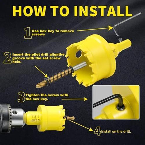 Front view of DWIKE 24Pcs Carbide Hole Saw Kit with yellow housing, pilot drill bit, and hex key