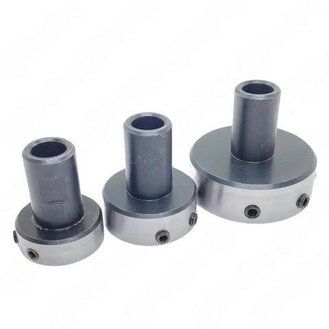 Three pieces from Pro Grade MT3 Morse Taper Lathe Tailstock Tap And Die Holder Set, showing different round die sizes with precision tap chuck.
