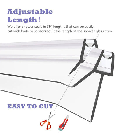 Two Pack Frameless Shower Door Bottom Seal For Quarter Inch Glass Fits 23mm Gap Prevents Leaks, showing adjustable length