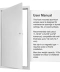 Heavy Duty Aluminum Access Panel Featuring A Slick Flush Concealed Hinge And Dead Nuts Tight Screw Mount For Drywall Ceilings Utility Shafts And Tile Wall Openings, opened view showing user manual.