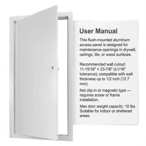 Heavy Duty Aluminum Access Panel Featuring A Slick Flush Concealed Hinge And Dead Nuts Tight Screw Mount For Drywall Ceilings Utility Shafts And Tile Wall Openings, opened view showing user manual.